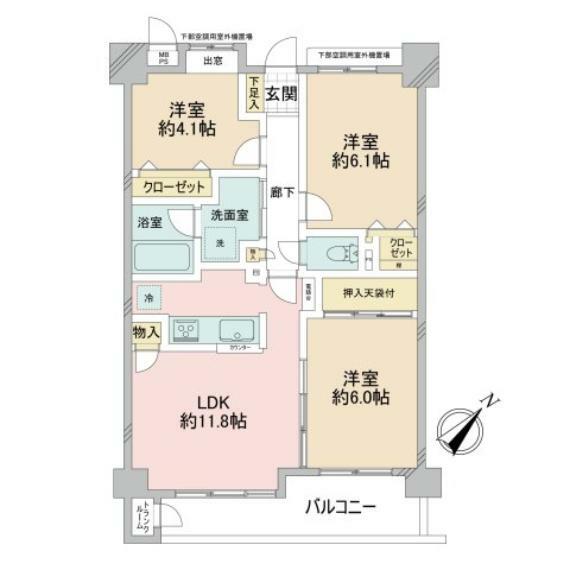 モリス東綾瀬公園(3LDK) 3階の間取り図