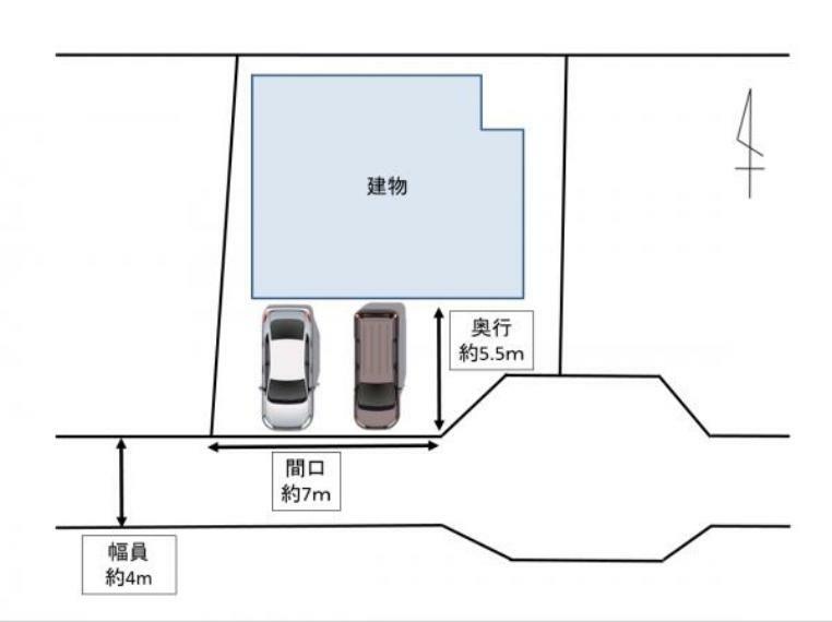 【区画図】駐車場2台可能。前面道路の幅員は約4mです。