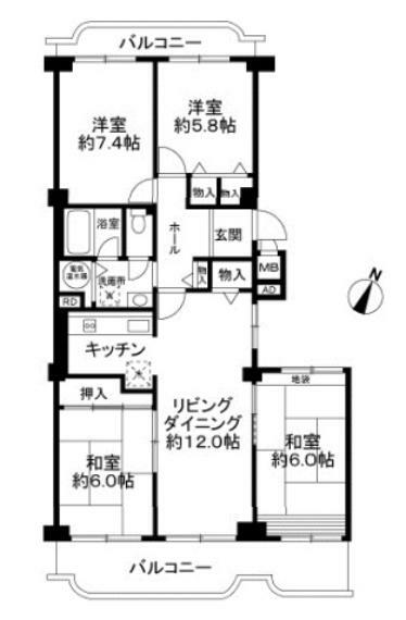 東灘スカイハイツ(4LDK) 4階の間取り図