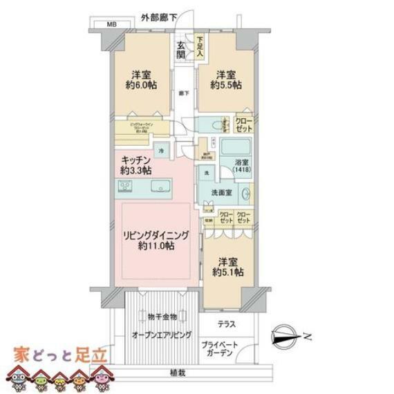 ヴェレーナ戸田公園テラス(3LDK) 1階の間取り図