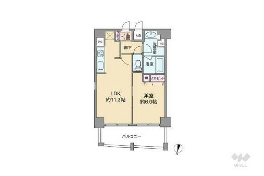 間取りは専有面積41.16平米の1LDK。LDKと洋室をつなげて使えるプラン。個室は6帖の広さが確保されています。バルコニー面積は約7平米（概算）です。