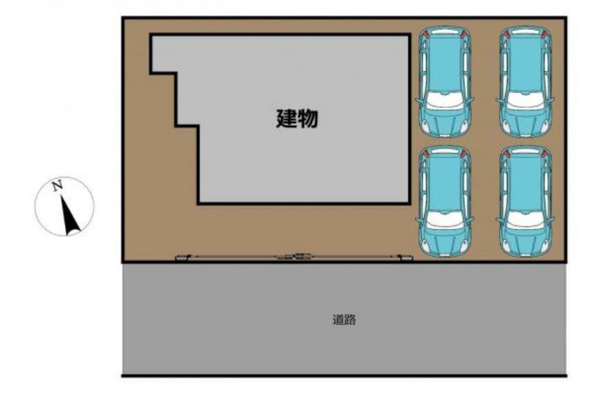 【区画図】道路に一方面しております2階建てのお家です。普通車が4台駐車可能です。