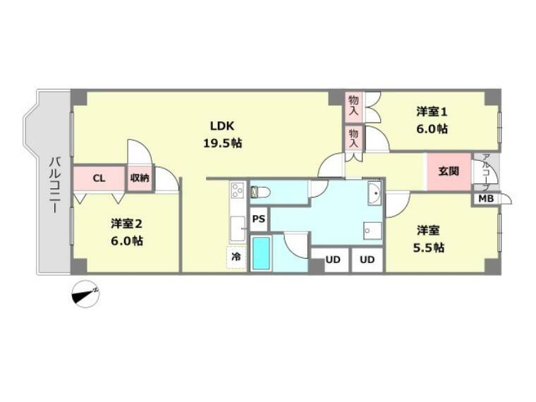 朝日ヶ丘レックスマンション2号棟(3LDK) 4階の間取り図