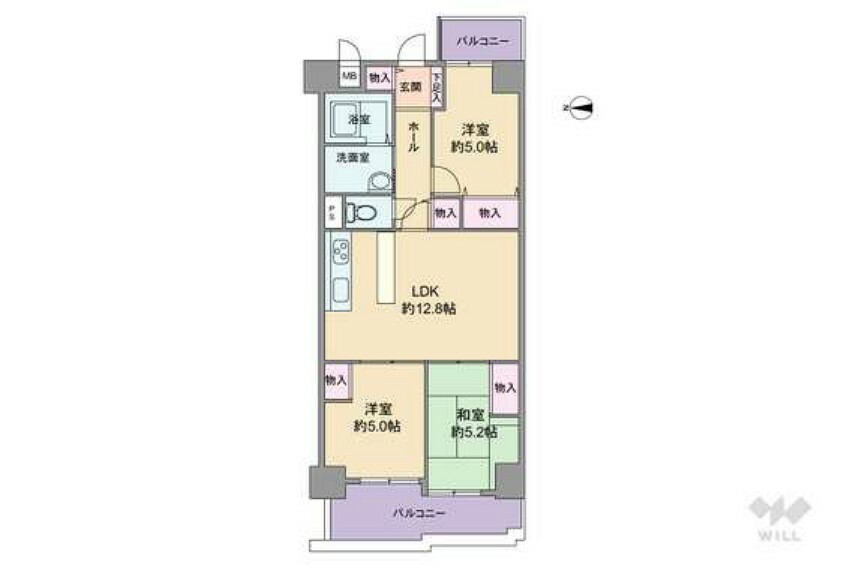 間取りは専有面積65.19平米の3LDK。リビングが中央に配置され、個室3部屋がバルコニーに面するプラン。共用廊下に面する窓がなく、プライバシーにも配慮した造りです。