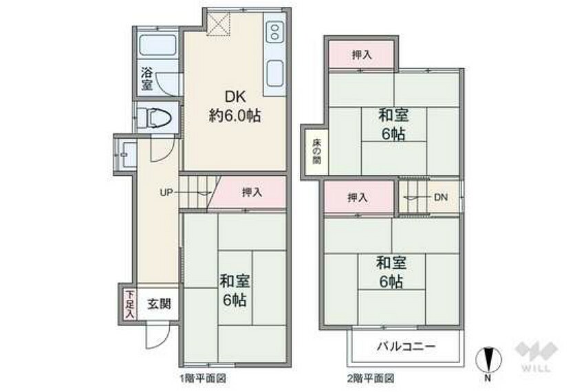 間取りは延床面積55.52平米の3DK。全部屋6帖、和室中心のプラン。各部屋が独立しているため、プライベートを確保しやすい造りです。各部屋に押入付き。浴室前に脱衣スペースがないため、工夫が必要です。