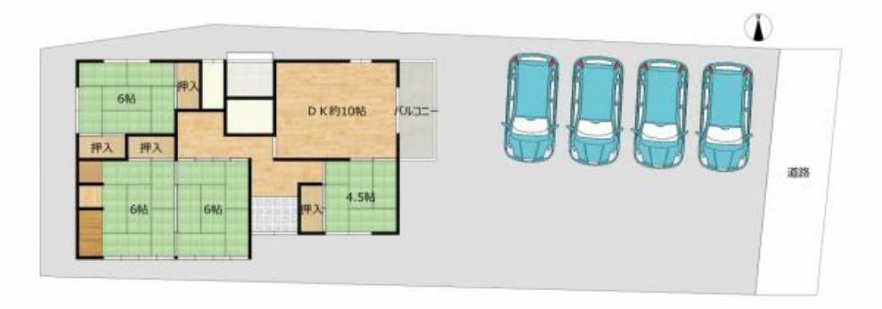 【敷地配置図】当住宅の敷地イメージです。図と異なる場合は現況を優先します。4台以上駐車可能です。来客用の駐車場も確保できるのは嬉しいですね。