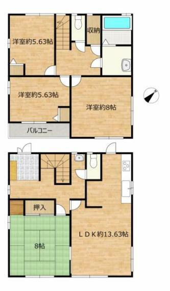 【リフォーム後間取図】4LDKのお家です。1階にリビングと和室、2階に洋室3部屋がございます。リフォームで浴室を1坪に拡張しました。