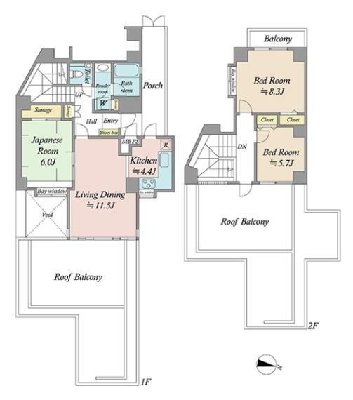 大型ルーフバルコニー付き最上階住戸・90平米3LDKメゾネッットタイプのお部屋です。
