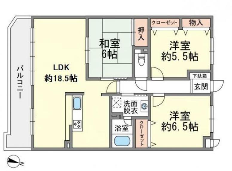 77.10平米の3LDKです。LDK約18.5帖、各居室は約5.5帖以上あり、<BR/>収納付きのお部屋です。