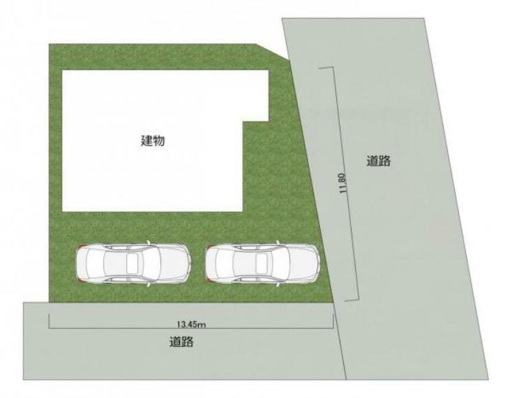 【区画図】敷地面積約50坪。お車は2台駐車が可能です。ご夫婦それぞれのお車をお持ちの場合でも安心です。一部庭木を根元から伐採しスッキリとした外観となります。