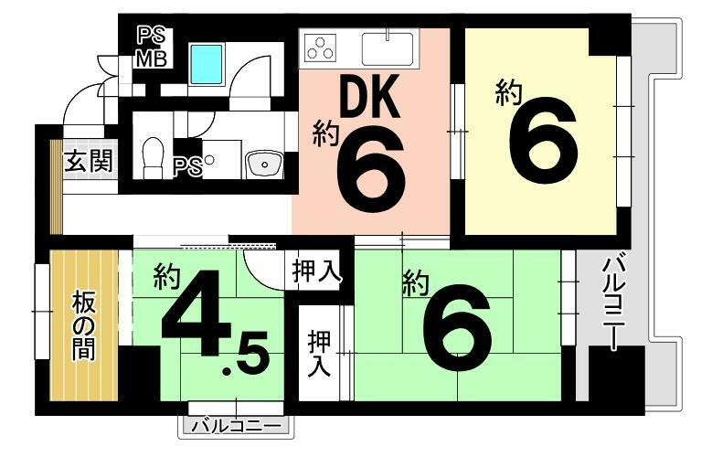 京都四条グランドハイツ(3DK) 4階の間取り図