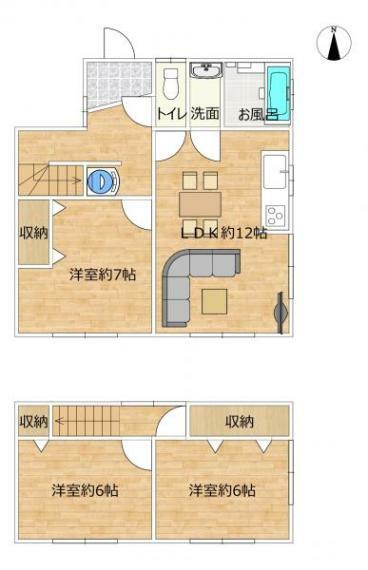 【間取り図】リフォーム後の間取り図です。1階1部屋、2階2部屋の3LDKの間取りに変更しました。