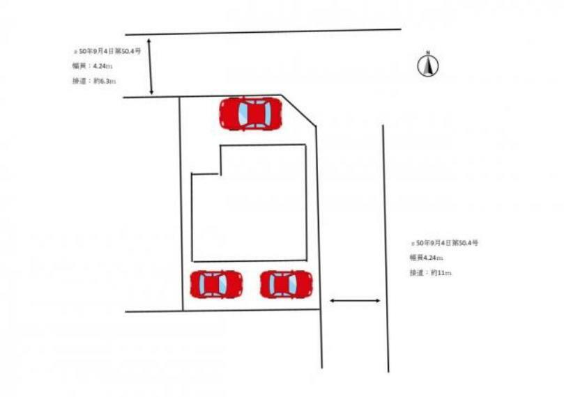 【区画図】現地の区画図です。北側に普通車1台、南側に軽自動車2台駐車可能です。