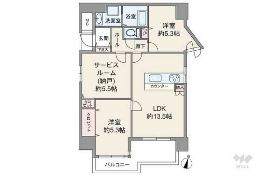 専有面積63.58平米の2SLDK。室内廊下が短く、居室スペースを広く確保したプラン。バルコニー側の洋室はLDKを通って出入りする造りのため、子ども部屋にすればリビングで顔を合わせやすくなります。