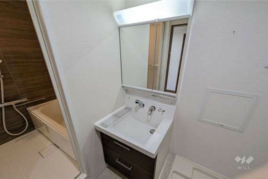 【洗面室】2面鏡・シンク下・洗面台横の収納棚など収納がたっぷりあります。生活感を隠せます。