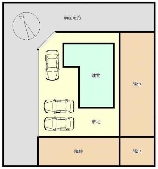 【リフォーム済】区画図です。駐車場を新たに1台拡幅しました。前面道路は5mあるので駐車するときも安心してできますね。