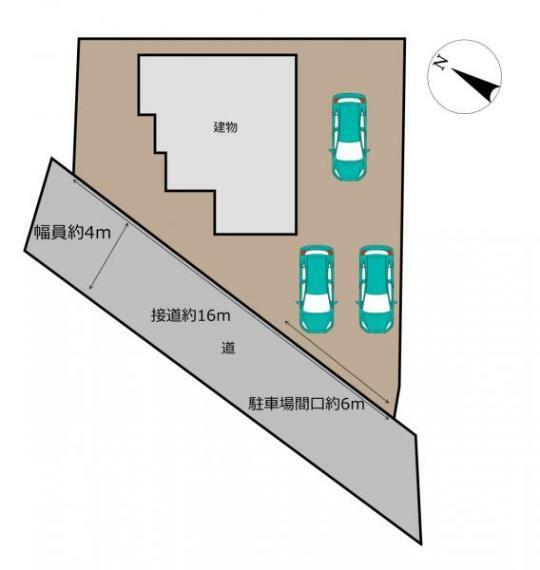 【区画図】幅員4mの西側道路に接道しています。間口が取れているので、並列2台も容易に駐車可能です。