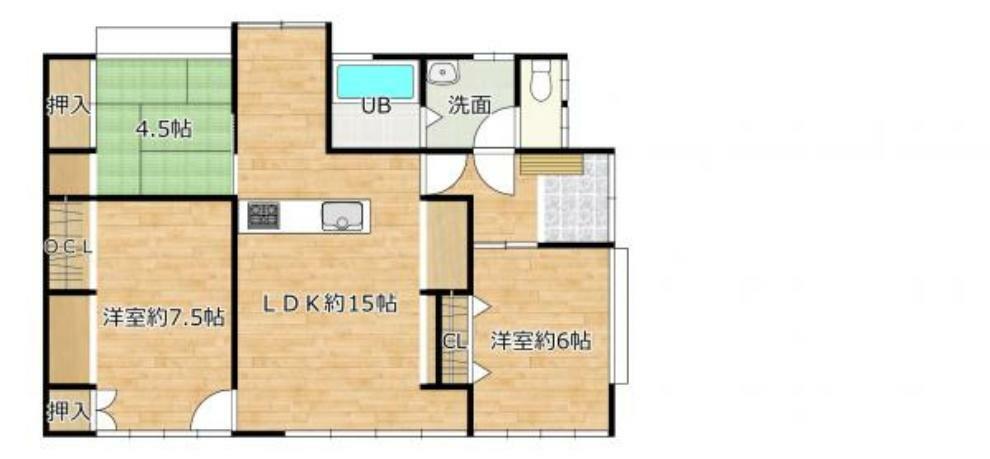 【間取図】3LDKの平家です。洋室2部屋和室1部屋になります。階段がないため高齢の方や小さなお子様でも過ごしやすいですね。