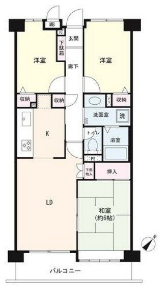 3LDK 専有面積65.78m2　バルコニー面積8.33m2　価格2580万円　全居室に収納があります。