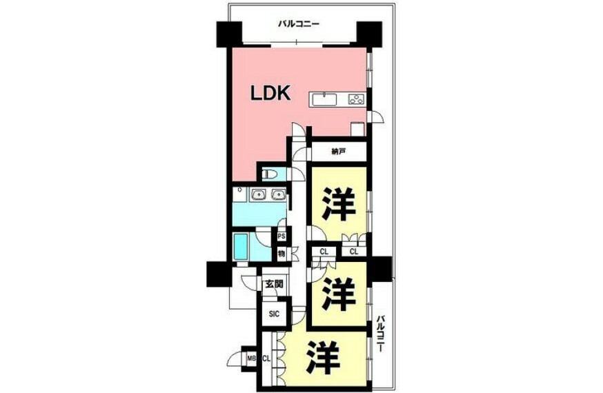 3LDK＋納戸、南西角部屋、2面バルコニー【専有面積98.60m2】