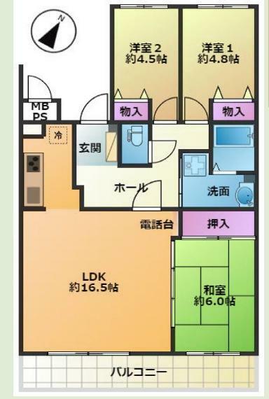 ライオンズマンション若葉台(3LDK) 3階の間取り図