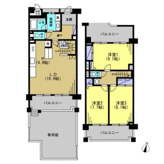 【間取図】お部屋の間取り図です。1階のリビングは約20帖の広さがあり、家族団らんの場としてご利用いただけます。2階の各居室からそれぞれバルコニーに出ることができ、日が差し込みやすく、明るいお部屋となっております。