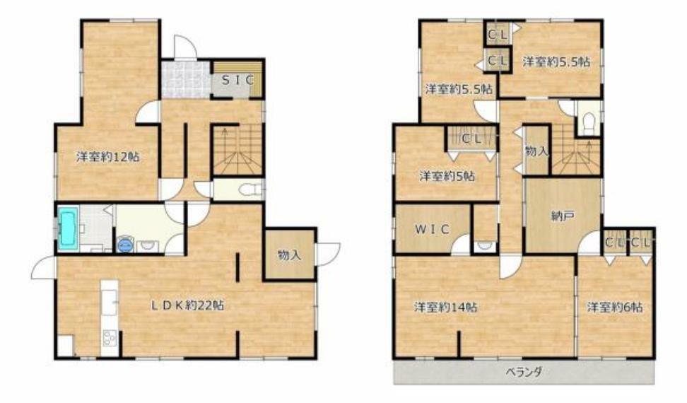 【間取り図】2世帯のお家を1世帯に変更いたします。2階水回りを居室やWICなどに変更。収納も充実した大きなお家になります。