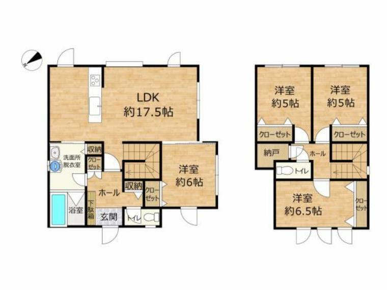 【間取り図】4LDKの2階建て。1階は約17.5帖LDK、約6帖洋室、2階は約5帖洋室2部屋、約6.5帖洋室です。各居収納付きで便利な間取りです。水回り品交換など全室リフォーム済です。