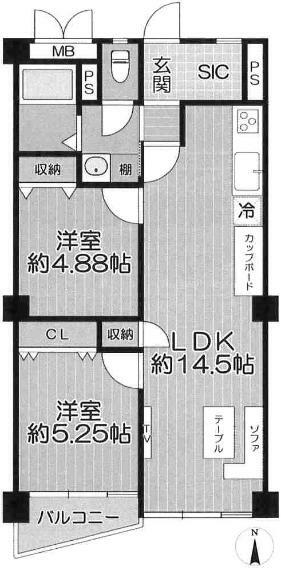 旭コーポC棟(2LDK) 9階の間取り図