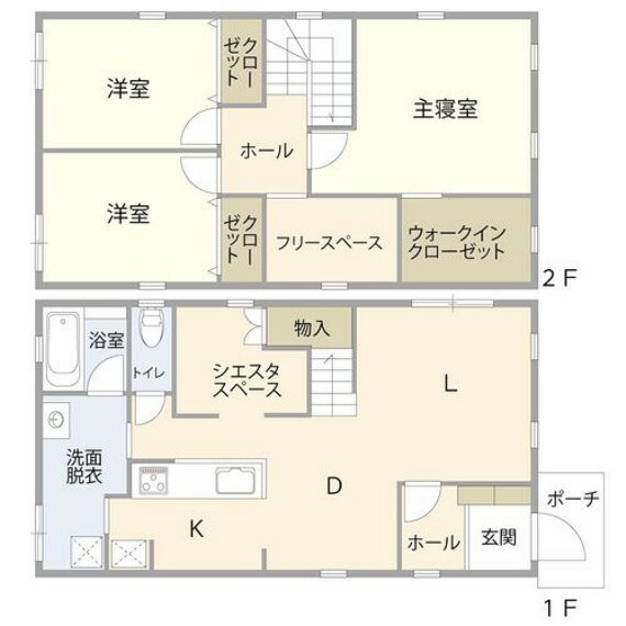 3LDK1階:LDK18.2帖、シエスタスペース3.2帖、洗面、浴室、トイレ2階:洋室8.8帖、洋室6帖、洋室6帖、フリースペース、WIC