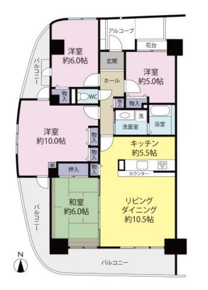 南西北の三方角部屋4LDKは99.96平米。LDK約16帖に加え洋室約10帖は広々しています。