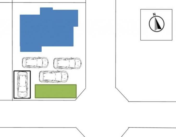 【区画図】3台分は道路よりも地盤が高い駐車場になっています。車高が低い車用に1台分道路と同じ高さの駐車場もございます。