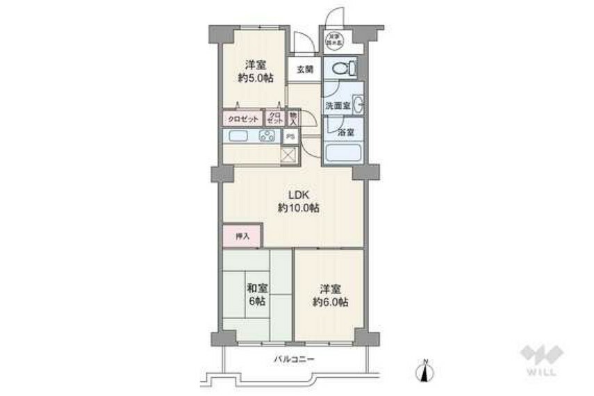 サンハイツ宝塚五月台A棟(3LDK) 5階の間取り図