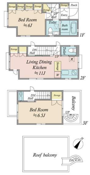 3階建て2LDKの住戸。各部屋毎に収納がある間取になっています。屋上にはルーフバルコニーがあります。