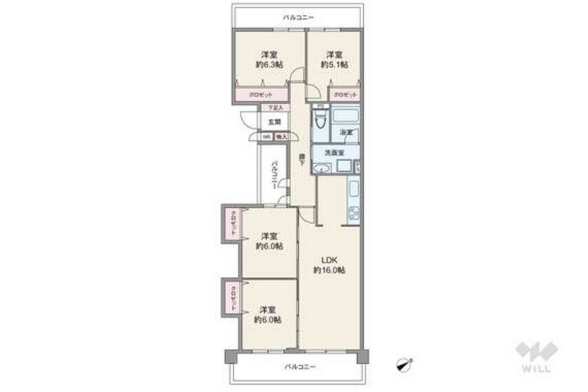 間取りは専有面積89.96平米の4LDK。両面と中央にバルコニーがある、センターインのプラン。居室はすべて洋室仕様です。キッチンは生活感が伝わりにくい独立型。バルコニー面積は17.01平米です。