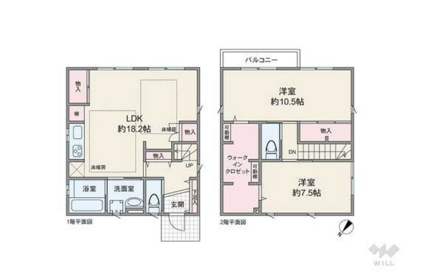 【間取り図】土地面積127.15平米建物面積99.0平米の2LDKの間取り。2階10.5帖の洋室は、間仕切りを入れて2つの居室として使用することもできます。