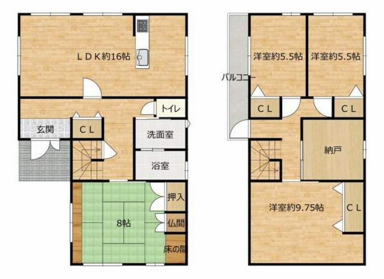 【リフォーム中】1階は約16帖のリビングに8畳和室です。2階は洋室が3部屋と、納戸があります。