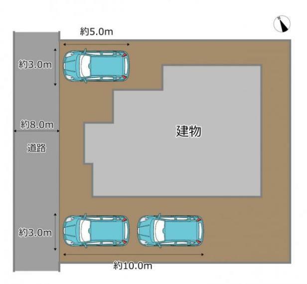 【配置図】普通車3台駐車可能です。自宅に車が停められる生活は駐車場を借りなくて済むので家計にもやさしい生活ですよ。