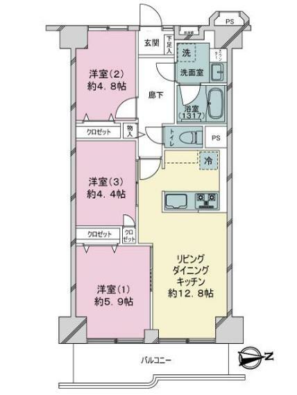 日商岩井亀戸マンション(3LDK) 2階の間取り図