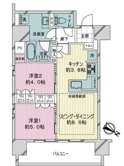 ライオンズ横濱関内レジデンス(2LDK) 2階の間取り図