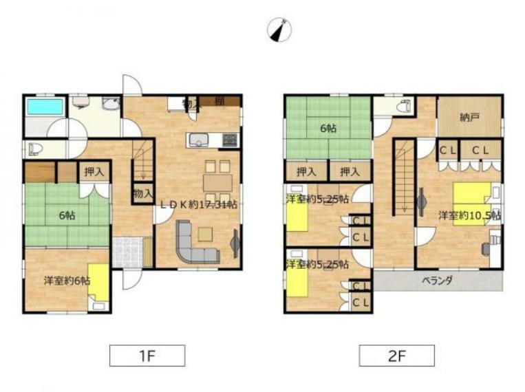 間取りは6SLDKの二階建てです。納戸つきなので収納スペースもばっちり。家財道具が多い方でもお部屋を広くお使いいただけるお家です。