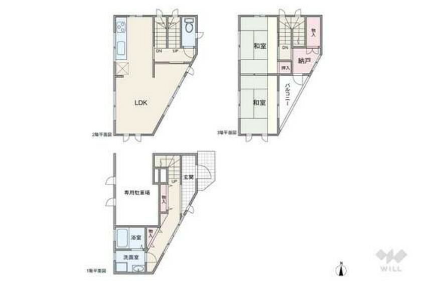 間取りは延床面積86.91平米の2SLDK。周囲の視線が気になりにくい2階リビングのプラン。1階にキッチン以外の水回りが配置されており、家事の際には階段の上り下りが必要です。