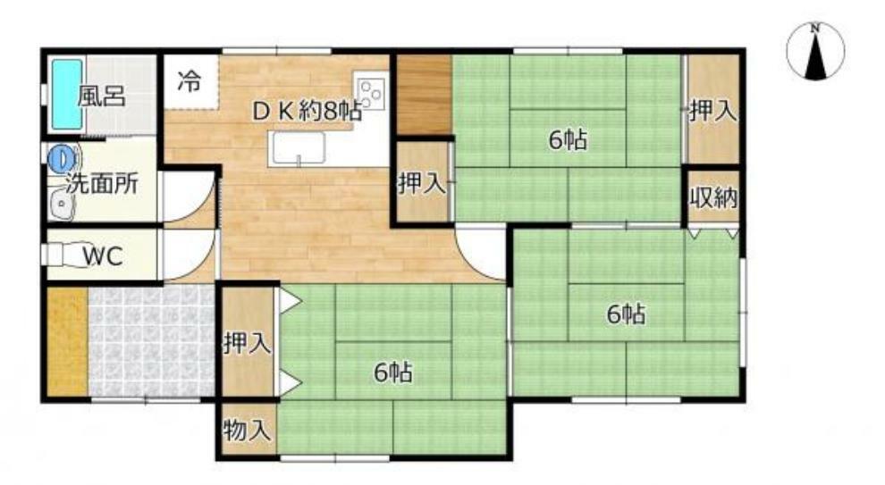 【間取図】3DKのコンパクトなおうちです。リビングの一部としてお使いいただける和室のほかに、2部屋ございますので、1～2人でお住まいの住宅をお探しの方にオススメです。ハウスクリーニングと設備の点検をしてお引き渡しいたします。