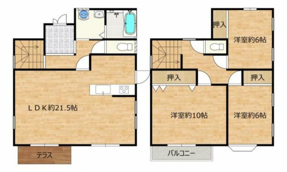 【リフォーム済】間取り図です。2階3部屋あり、各居室に収納があるためお部屋をすっきりと使うことができます。小上がりのあったLDKを1部屋として使い勝手の良いスペースに仕上げました。大きなソファアがあっても置くことができます。