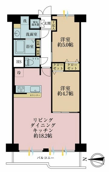 2LDK、専有面積61.6平米、バルコニー面積7.6平米