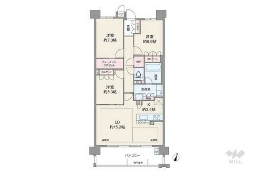 間取りは専有面積84.46平米の3LDK。アウトポール設計で家具が配置しやすいプラン。各居室、廊下、洗面室に収納スペースが設けられています。全居室洋室仕様です。