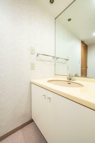 身だしなみのチェックがしやすい大きな鏡。洗面ボウル下の収納力も豊富で、スッキリとした空間です。