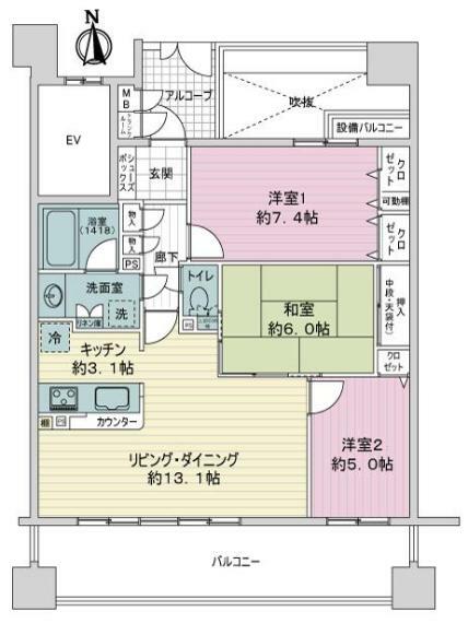 メイツ六番町アクトタワー(3LDK) 13階の間取り図