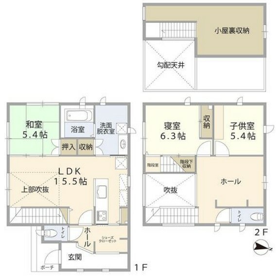 1階:LDK約15.5帖/和室約5.4帖/洗面/浴室/トイレ2階:寝室約6.3帖/洋室約5.4帖/ホール/トイレ
