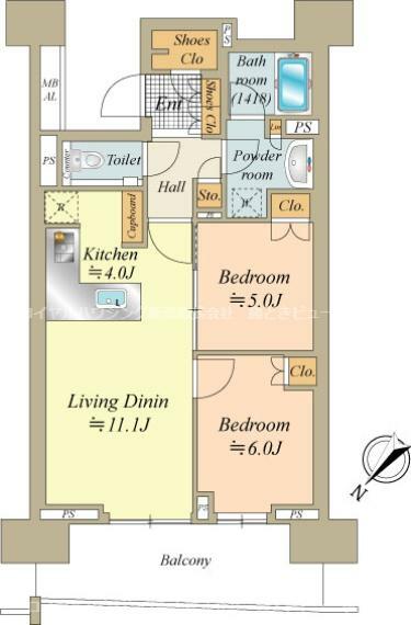 62.39平米の2LDK＋SIC デッドスペースが少なく居室面積がしっかりと取れた間取りです